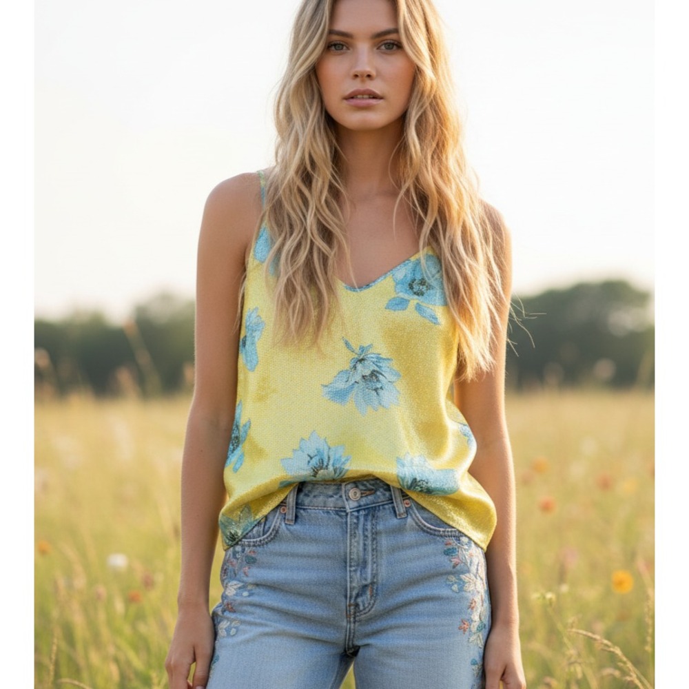 NEW Bar III M Tank Top Yellow Blue Floral Shimmer Cami Festival Psychedelic Boho